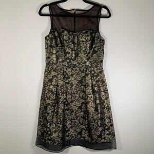 Donna Ricco Dress Women’s 4 Black Metalic Gold Mesh High Neck Fit + Flare